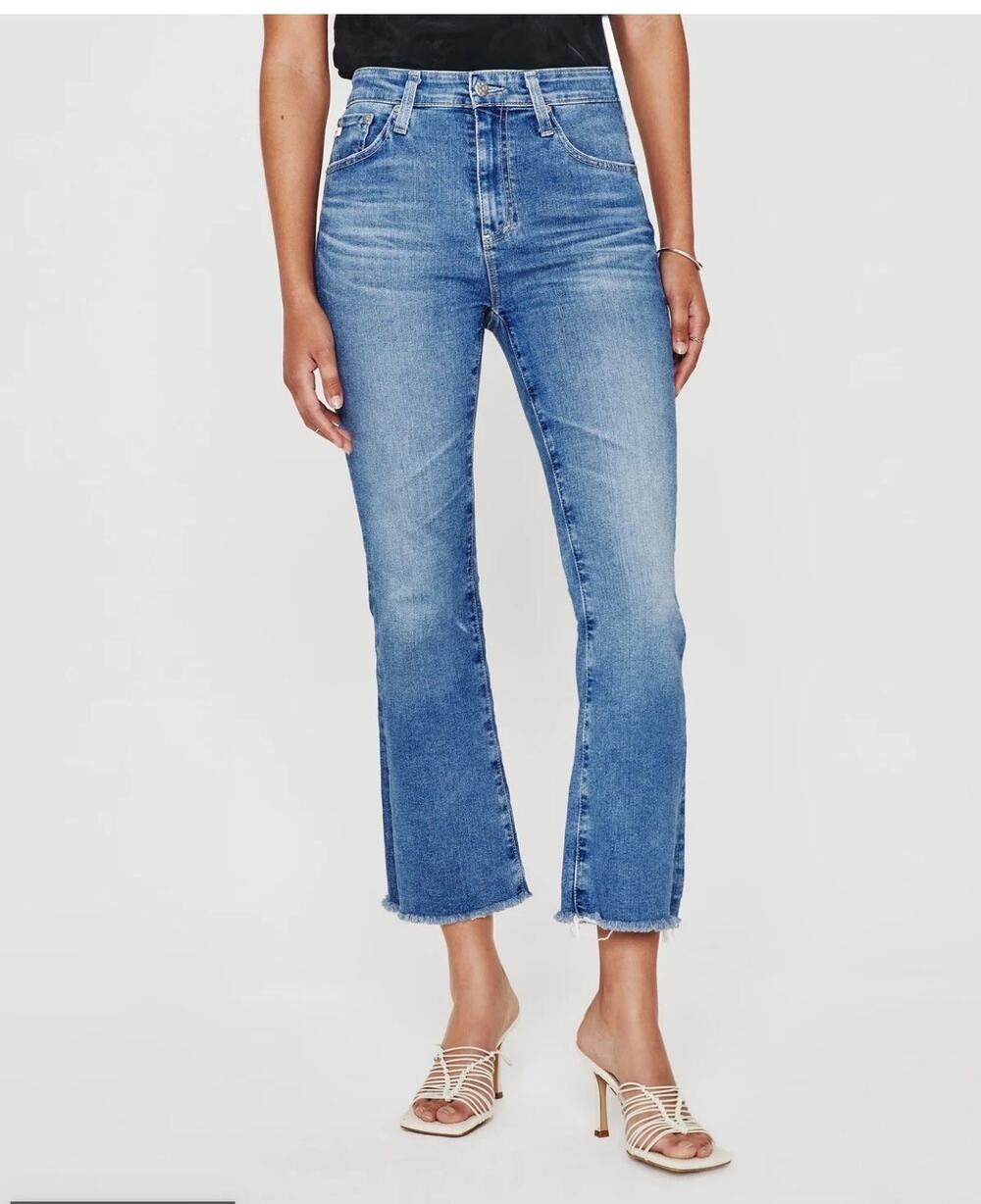 AG Jeans Farrah Boot Crop AG-Ed Mid-Rise Bootcut Denim Raw Frayed Hem Size 31